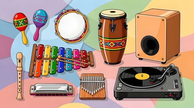Musical instruments and audio equipment are arranged together on a colorful graphic backdrop.