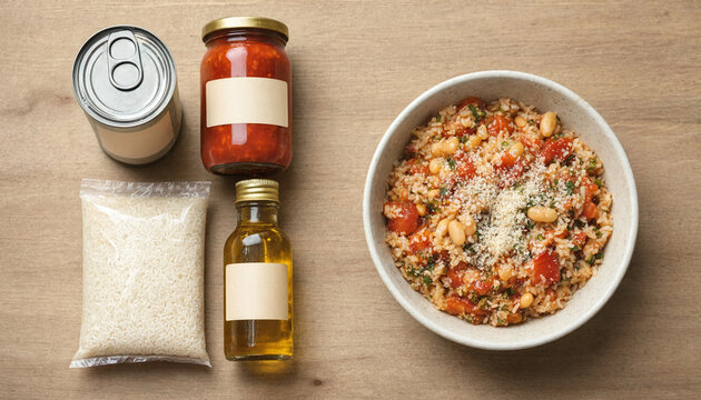 Pantry staples arranged with a quick prepared meal
