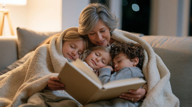 Grandmother wrapped in a cozy blanket on a sofa reads aloud from a thick hardcover book to grandchildren draped around her in various sleepy positions, one already dozing, warm
