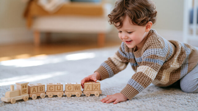 Wooden alphabet train with carved letter carriages arranged in a winding line on a nursery rug, a curly haired boy pushing the engine forward, ABC learning toy, phonics resource,
