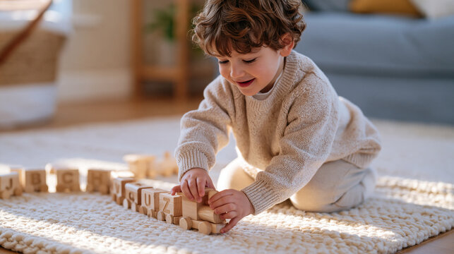 Wooden alphabet train with carved letter carriages arranged in a winding line on a nursery rug, a curly haired boy pushing the engine forward, ABC learning toy, phonics resource,
