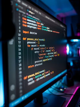 Software Developer Writing Python Code On A Glowing Computer Monitor