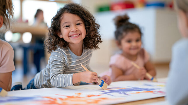 Young children in a preschool art room using chunky brushes to paint large collaborative mural on a long roll of paper spread on the floor, teamwork creative project, hands-on