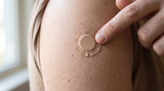 Extreme close-up of a bandage pressed on a light-skinned adult's arm