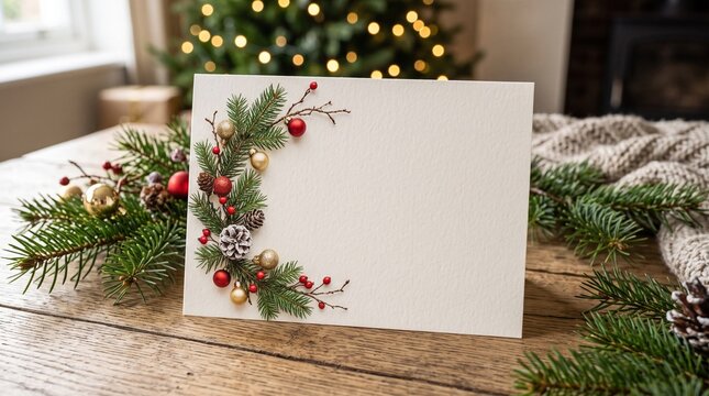 Christmas card with festive decorations on a wooden table