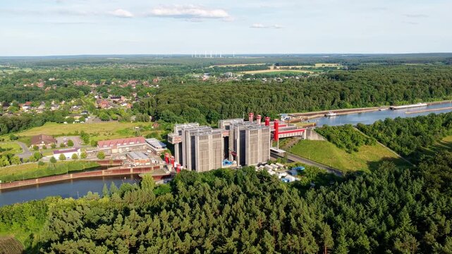 Ship lift for canal transport. Waterway engineering, industrial construction, vessel transit and elevator technology infrastructure. Lift technology. Engineering construction