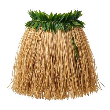 Traditional hawaiian hula skirt made of natural raffia with a green leaf waistband, isolated on transparent background