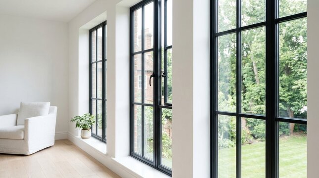 Modern interior with large black framed windows and a white armchair