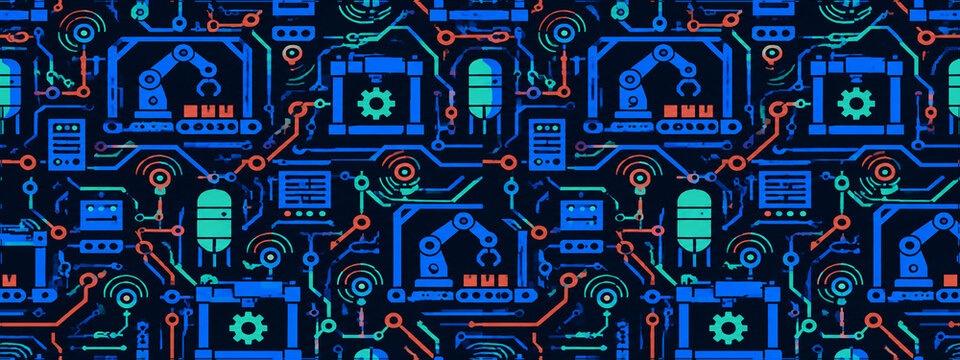 Cyberpunk industrial pattern with robotic arms and circuit lines. Futuristic factory automation background. Neon tech motherboard texture.