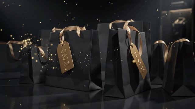 Black shopping bags with sale tags stand under glowing golden sparkles.