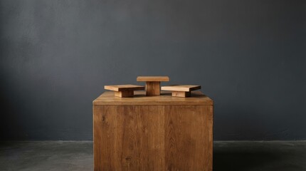 Fototapeta premium Three wooden display pedestals on a rustic wooden block against a dark wall