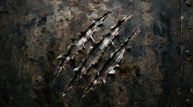 Deep claw marks scratched into a rusted metal surface