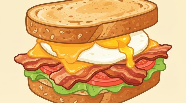 Delicious egg and bacon sandwich with cheese and lettuce illustration