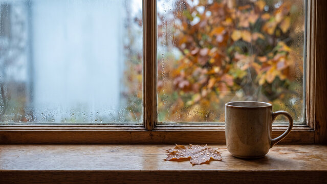 Warm Mug by Window with Colorful Autumn Foliage Outside