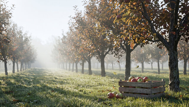Misty Autumn Orchard with Harvest Crate Beneath Colorful Trees