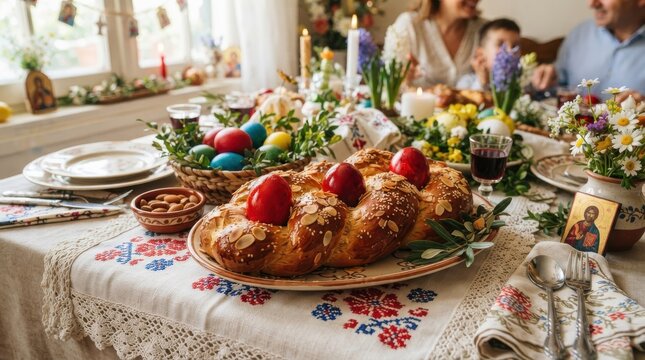 Traditional Easter bread with red eggs on a festive family dinner table