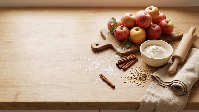 Apples and Autumn Baking Ingredients on Rustic Wooden Table