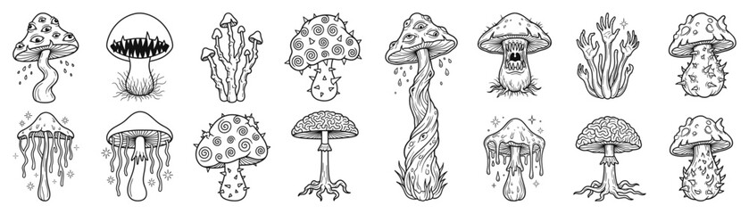 Obraz premium Creepy fantasy mushrooms and poisonous fungi line art icons set, multi-eyed toadstool, monster teeth cap, creeping vine hands, and brain fungus vector