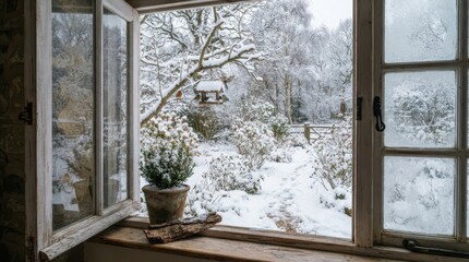 Naklejka premium Snowy winter landscape viewed through an open rustic wooden window