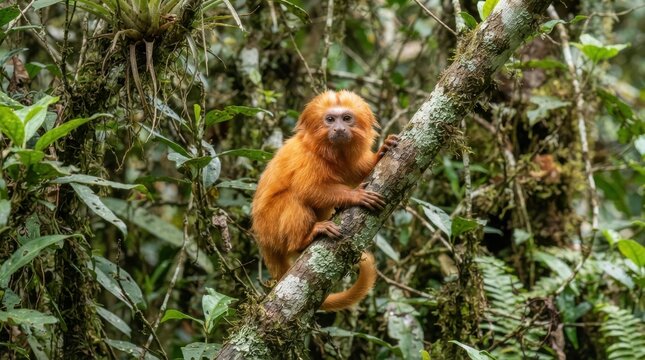 Golden lion tamarin perched on a mossy branch in a lush tropical rainforest