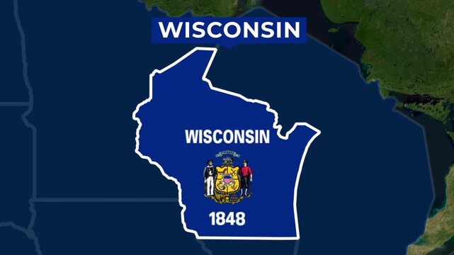 Satellite map animation of Wisconsin, USA. Blinking territory, state flag, pinned name, animated outline of the border. Concept for broadcast, social media, education.