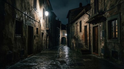 Fototapeta premium Narrow medieval alleyway at night with wet cobblestone street and glowing lanterns