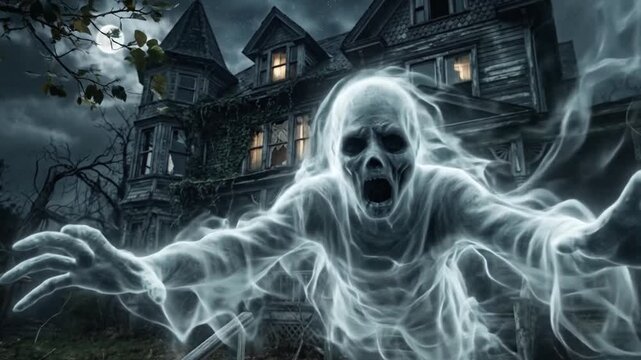 A terrifying ghost haunts a dark and abandoned old house