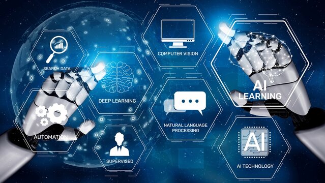 AI learning system involves deep learning, supervised machine learning, and natural language processing. AI learning diagram shows how AI advances learn in automation and data processing. Muxer