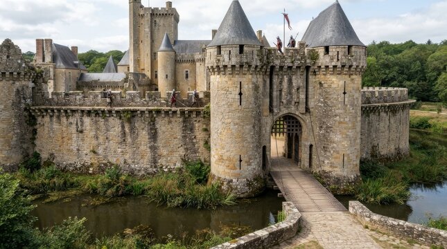 Medieval castle with stone walls, towers, moat and wooden drawbridge