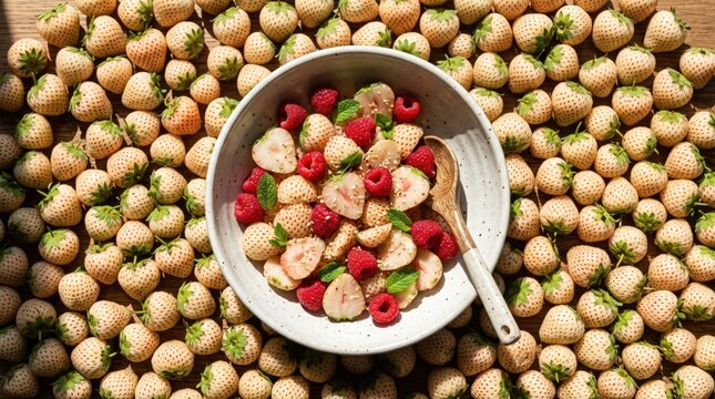 Pineberry and raspberry fruit salad with mint and sesame seeds. Delicious and healthy dessert or snack for a fresh, vibrant, and nutritious lifestyle.