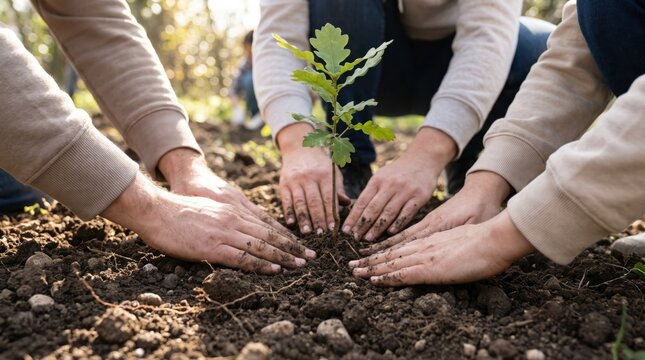 Hands planting a young tree in rich soil. Symbolic image of environmental conservation, sustainability, and community efforts for a greener future.