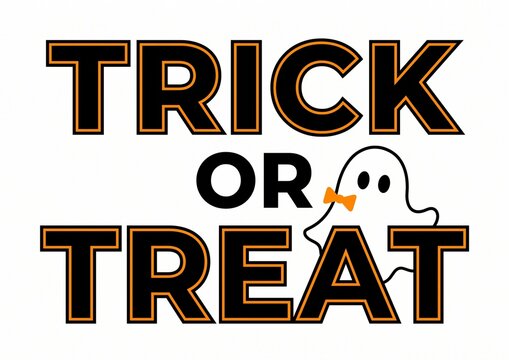 Trick or treat bold text design with a cute ghost icon wearing a bow halloween typography seasonal celebration