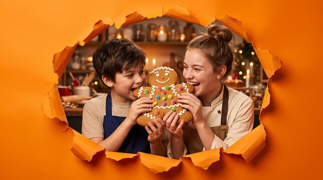 Boy and girl biting large gingerbread man cookie through torn orange paper frame, kitchen background with warm lighting. Childhood, baking, holidays, sweet food.