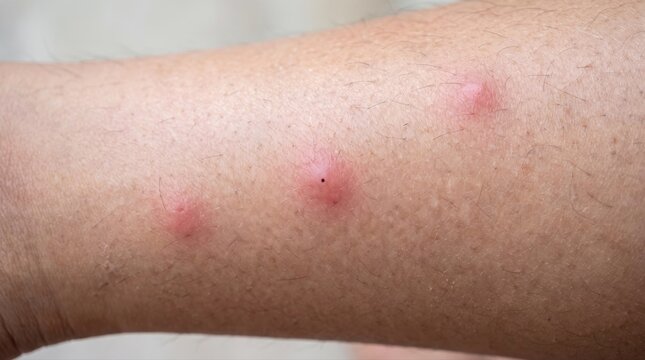 Close-up of three red mosquito bites on human skin. Common insect bite reactions causing itching and irritation, often experienced during outdoor activities and travel.