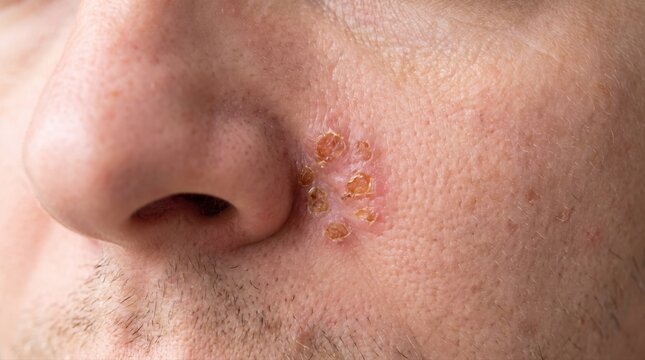 Herpes simplex virus cold sores on a man's face near the nose. Medical concept image for dermatology, health conditions, viral infections, and skincare treatments.