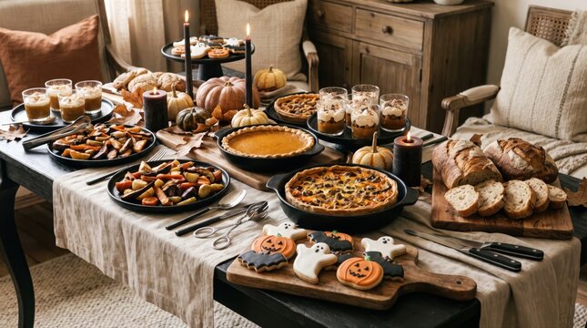 Autumnal dinner table set with seasonal food, pumpkins, and candles. Cozy fall feast for Thanksgiving, Halloween, or harvest celebrations, perfect for family gatherings and festive dining.