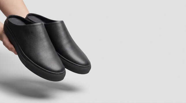 Hand holding a pair of black leather mules on a light background. Stylish and comfortable footwear for modern fashion, casual wear, and everyday lifestyle.