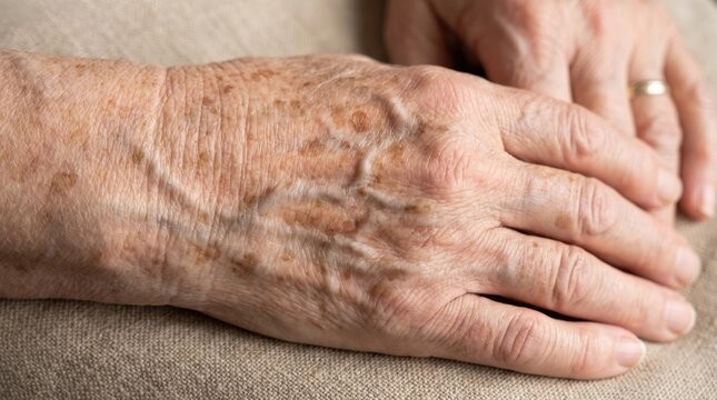 Close-up of an elderly person's hands with age spots and visible veins. This image represents aging, health, and the passage of time, suitable for medical, wellness, and lifestyle themes.