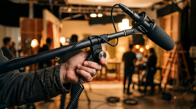 Professional audio boom operator hand holding and adjusting a directional shotgun microphone on a carbon fiber pole in a busy film studio production set background with soft lighting and bokeh.
