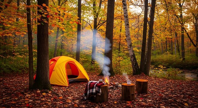 Outdoor camping setup with portable stove and tent in autumn forest with fallen leaves