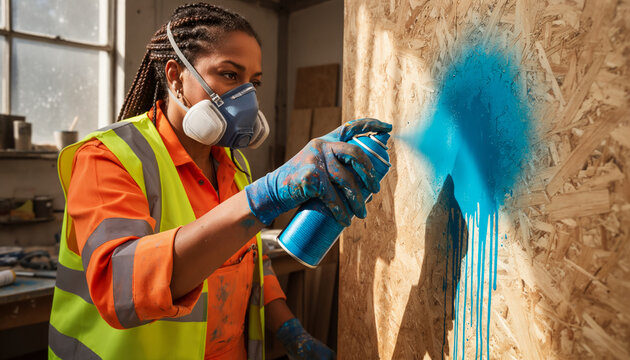 Focused construction worker spray painting teal color onto plywood wall wearing safety mask and vest, professional painting trade with copy space for text