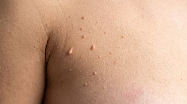 Skin tags on a person's body near the armpit area. Illustrates common dermatological conditions and skin health concerns, ideal for medical, cosmetic, and educational content.
