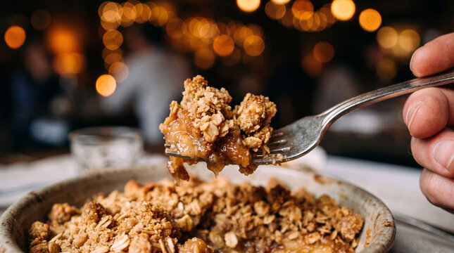 Close up of apple crumble dessert being eaten with a fork in a cozy restaurant setting
