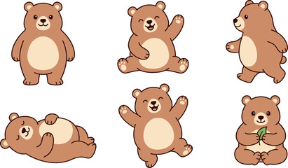 Fototapeta premium Adorable brown bear cub illustrations featuring sitting waving sleeping dancing and walking poses isolated on white background for kids