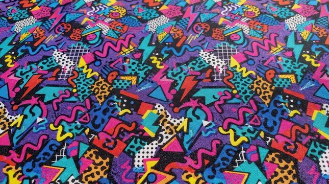Retro 1980s or 1990s pattern with geometric shapes and bright colors