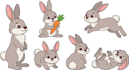 Obraz premium Playful pet rabbit cartoon character pack featuring cute hares in different active poses for children book and nursery decor