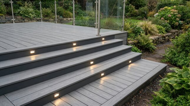 Modern gray composite decking with illuminated stair lights in a lush garden