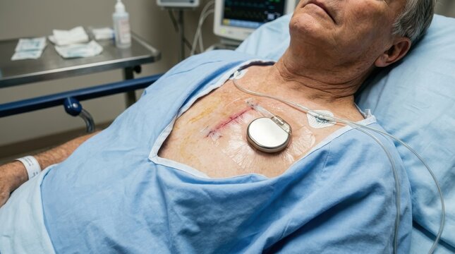 Patient with pacemaker implant and surgical scar on chest in hospital room