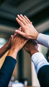 Diverse group of hands joining together in a powerful symbol of teamwork, unity, and collaboration, showcasing strength and inclusivity in a professional setting.