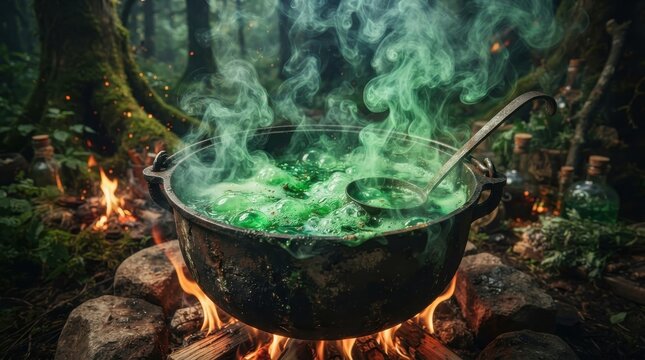 Witches cauldron with green potion boiling over a campfire in a forest